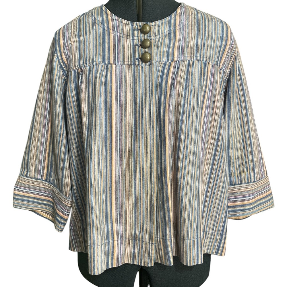 Dress Barn Women’s Vertical‎ Striped Button Down Top Bronze Buttons Boxy Flaw XL